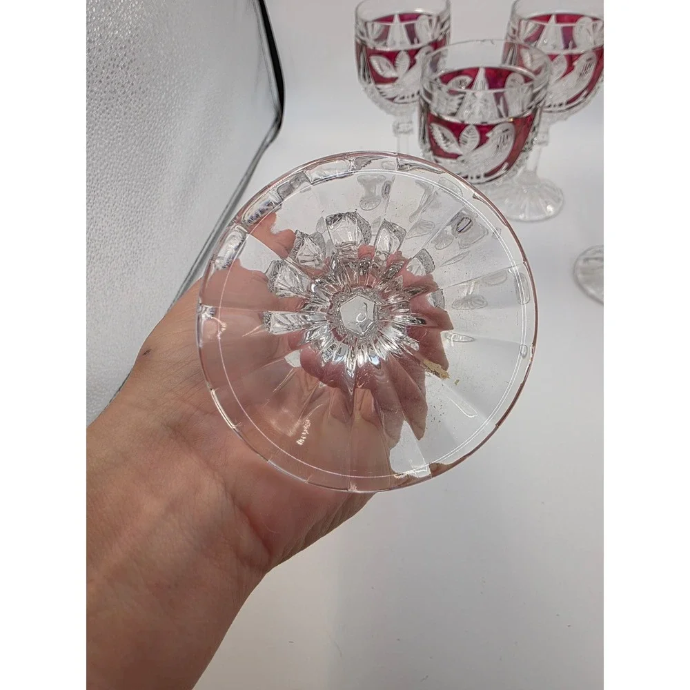 Vintage Bohemian Ruby Red Cut to Clear Crystal Wine Goblets Etched Bird Set of 6